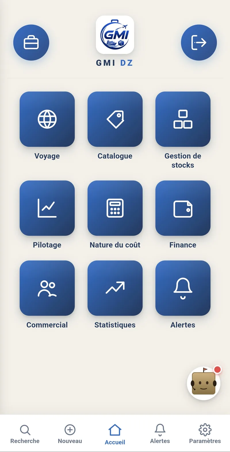 Écran d'accueil de l'application GMI DZ et ses modules
