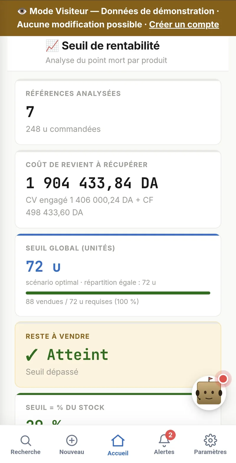 Seuil de rentabilité calculé à partir des données saisies