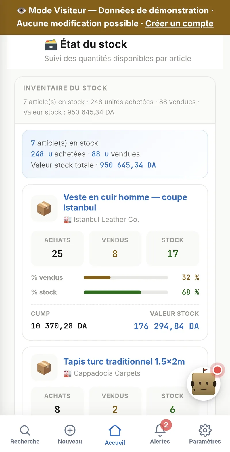 Suivi de l'état des stocks dans l'application